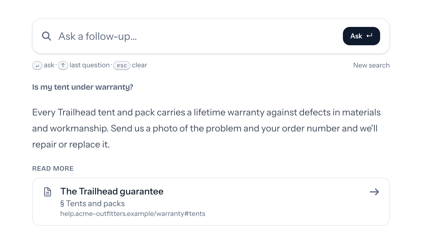 The Ask console answering "Is my tent under warranty?" in two sentences, with a Read more link to the section of the help center it came from