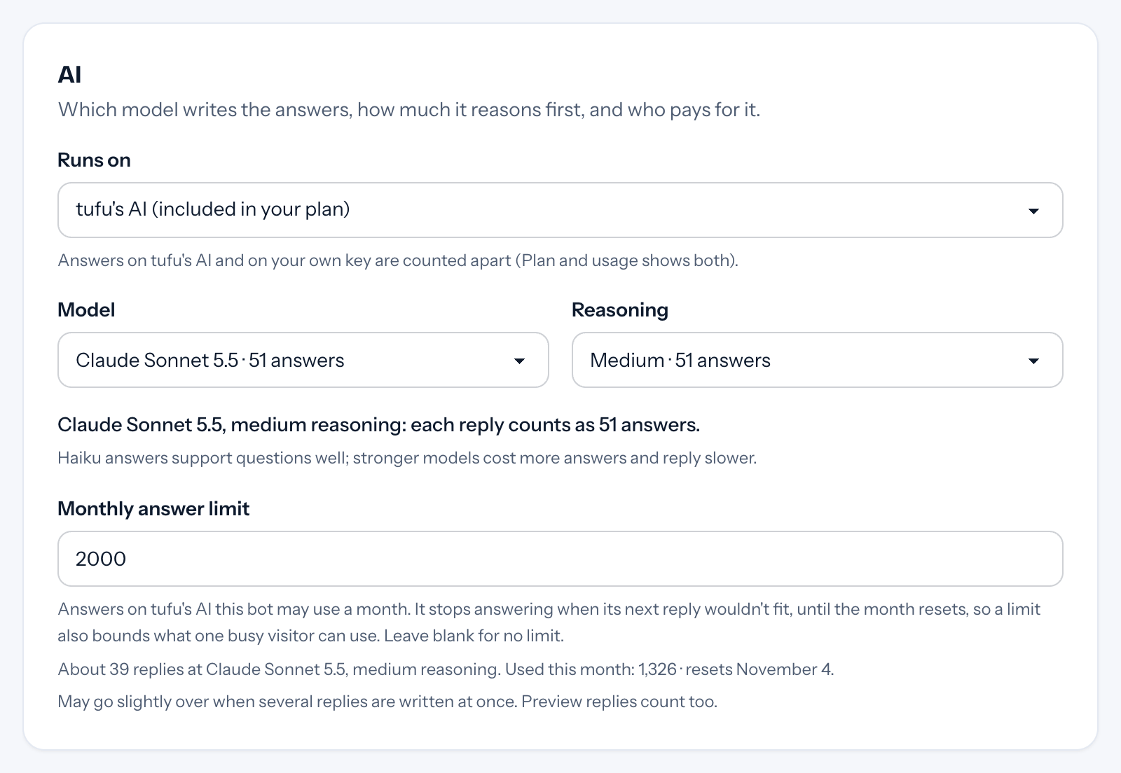 The AI section of a bot's settings with a monthly answer limit: about how many replies it is at the bot's model and reasoning, and this month's answers so far