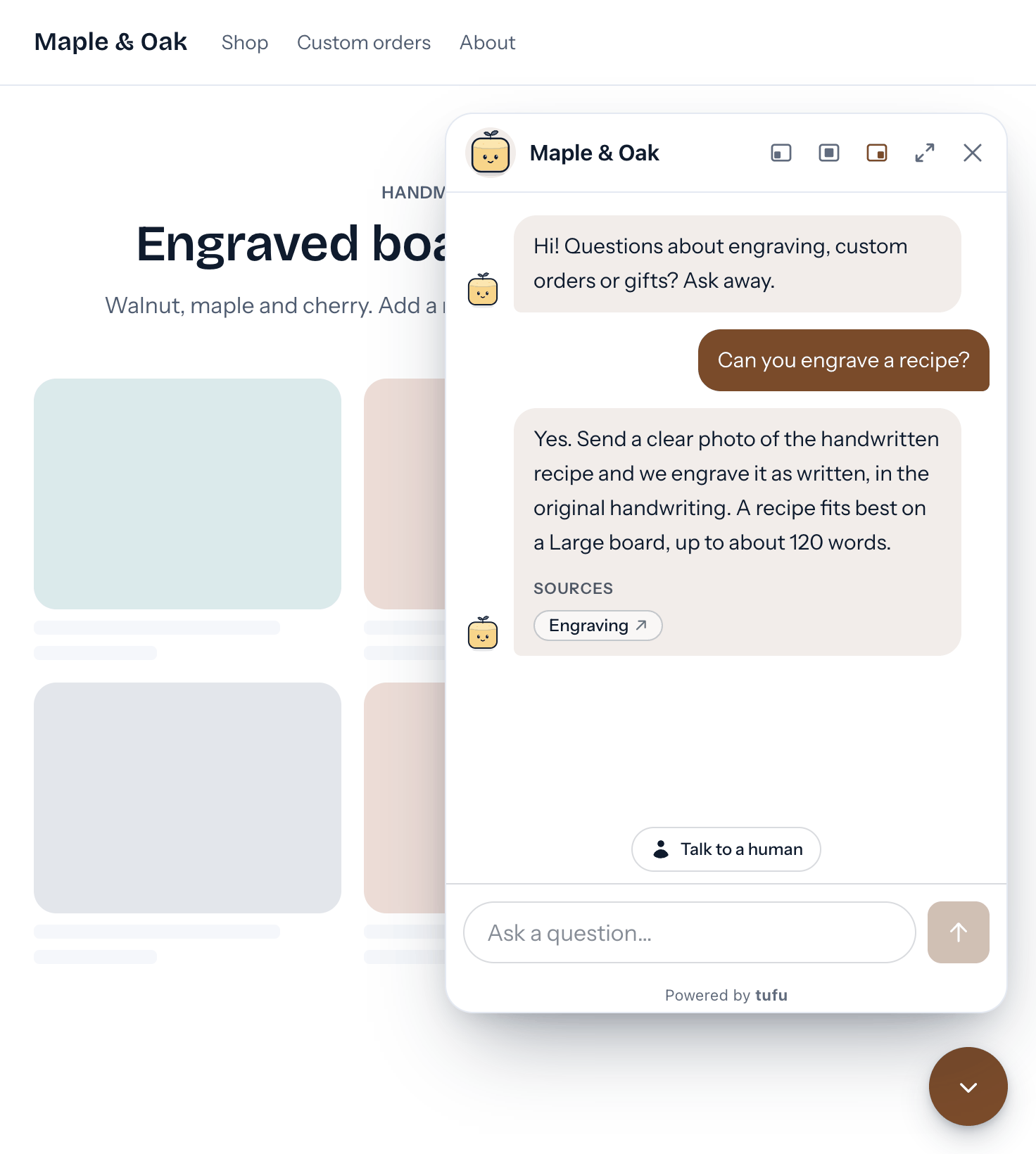 The support chat open on a shop's page: the bot answers "Can you engrave a recipe?" with a link to the shop's Engraving page, and Talk to a human sits above the message box