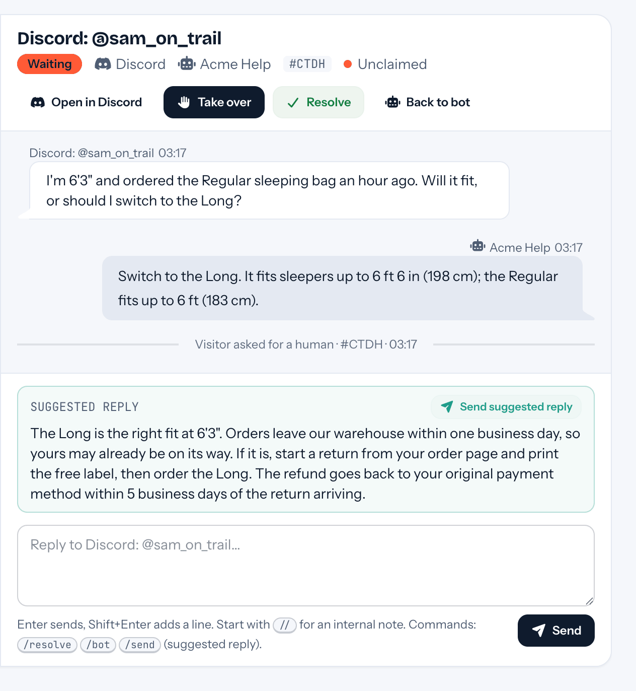 A handoff from Discord waiting in the tufu inbox: the thread so far, Open in Discord, and a suggested reply above the reply box