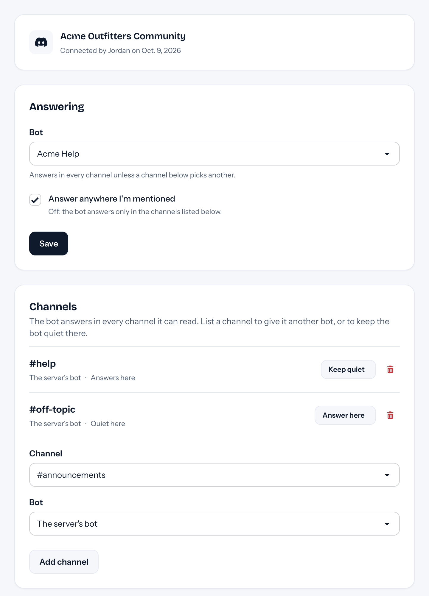 The Discord page in tufu for a connected server: the bot that answers, Answer anywhere I'm mentioned, and two listed channels, one answering and one kept quiet, and the form to list another