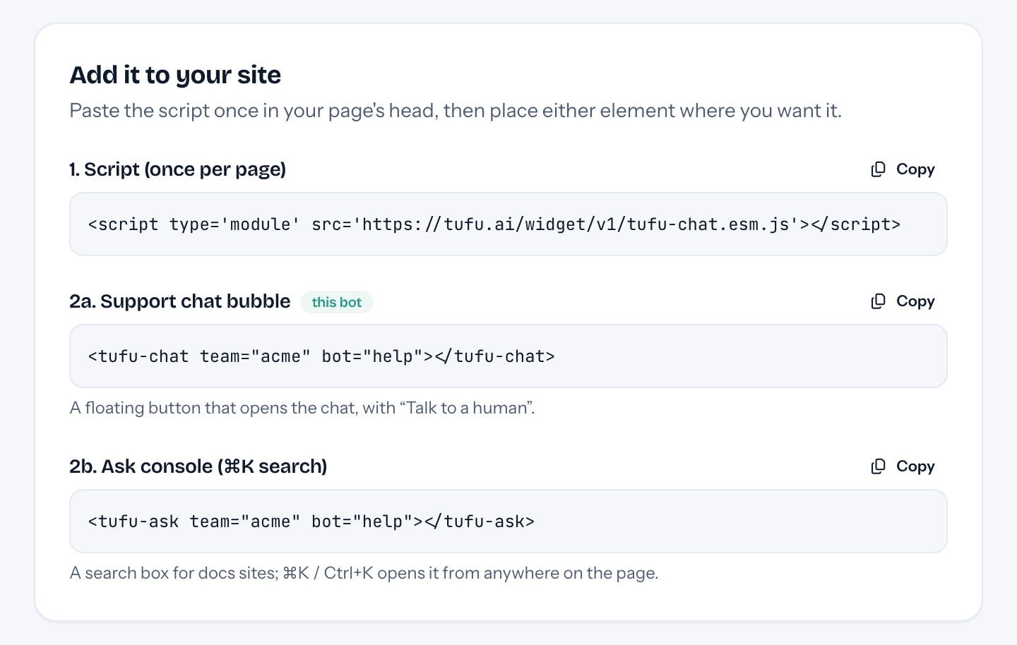 The Add it to your site card on a bot's Preview page: the script, the support chat element and the Ask console element, each with a Copy button