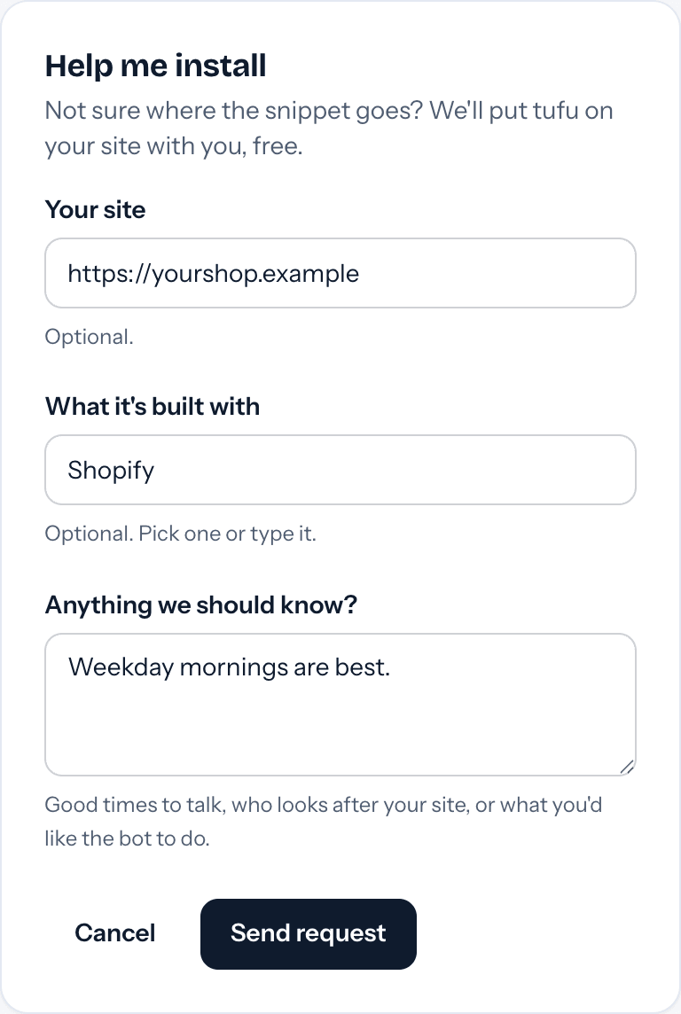 The Help me install card on a bot's Preview page, with fields for the site, what it's built with and a note