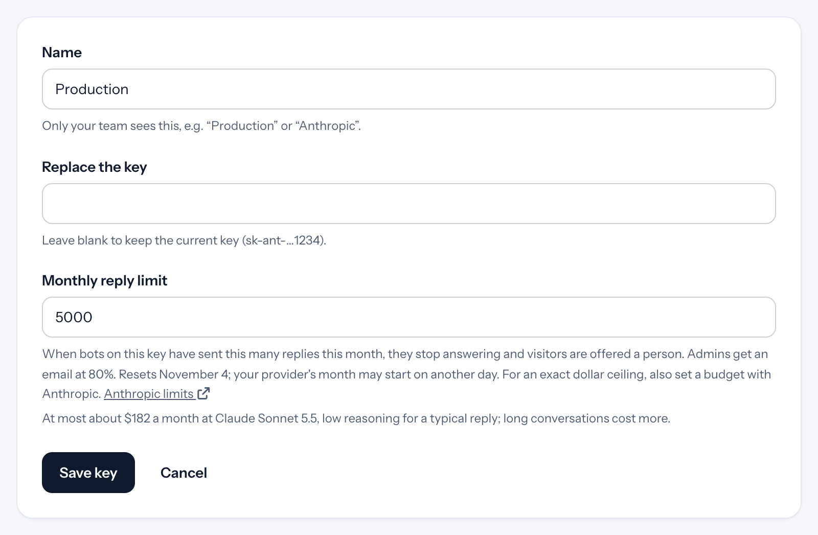 A key's settings with a monthly reply limit, the link to the provider's own limits, and about what the limit comes to in dollars