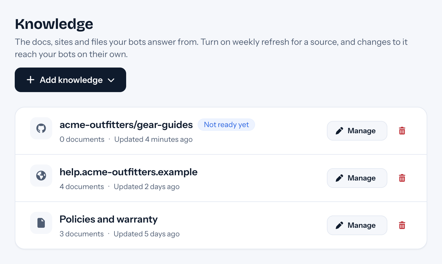 The Knowledge page with three sources: a GitHub repo still being read (Not ready yet), a help center website with 4 documents and 3 uploaded files