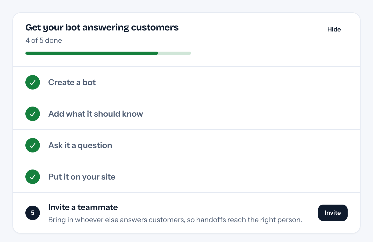 The setup checklist on the Bots page: four steps ticked off, and Invite a teammate next