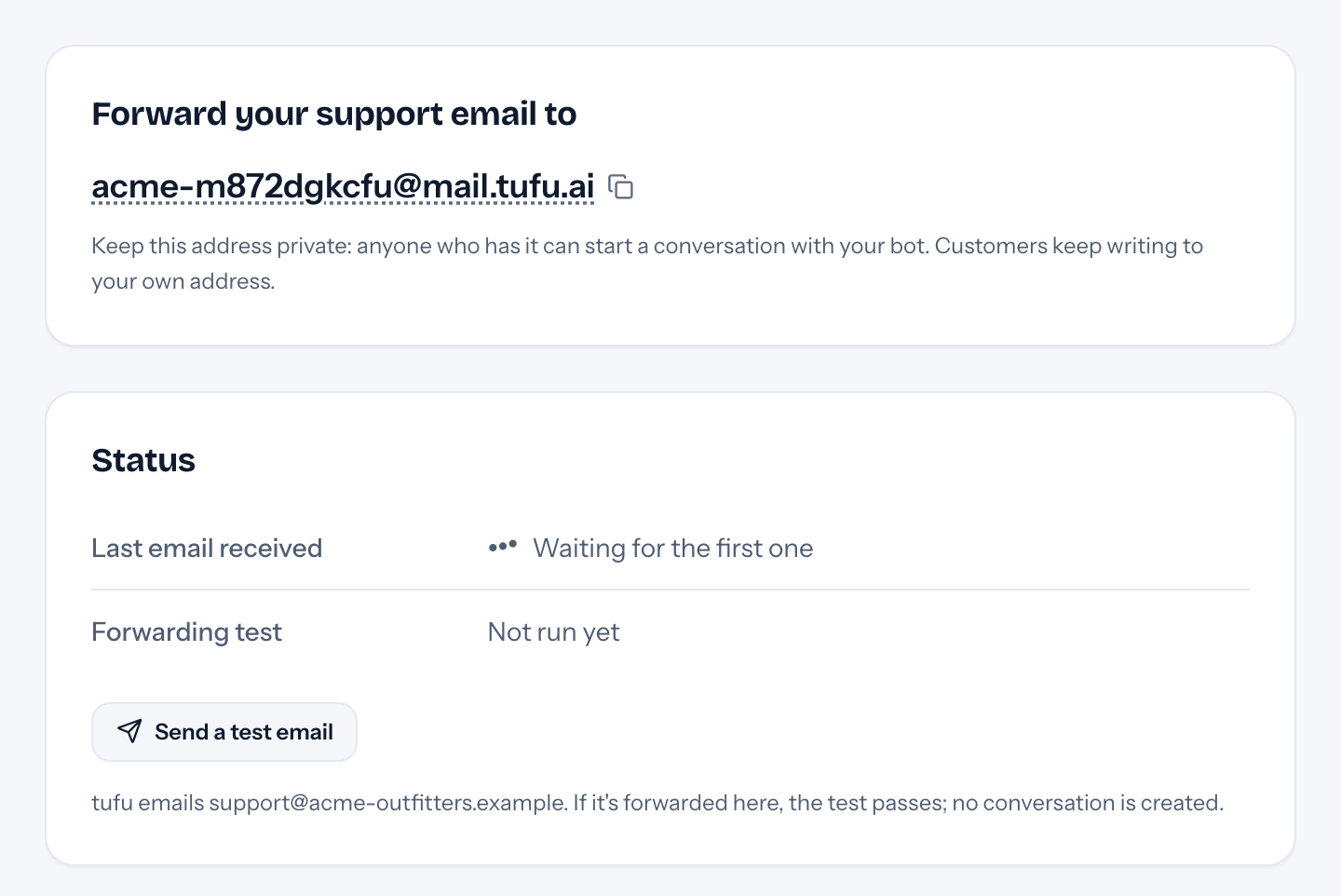 Support by email for a bot: the address to forward your support email to, with a copy button, and Status with Send a test email
