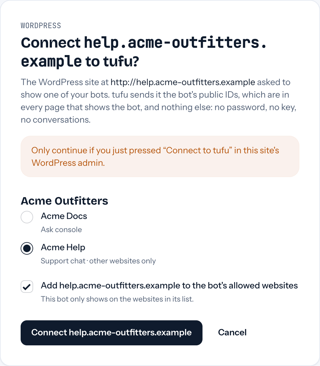 tufu's connect page for help.acme-outfitters.example: the team's bots to pick from, the support chat chosen, the box to add the site to the bot's allowed websites, and the Connect button
