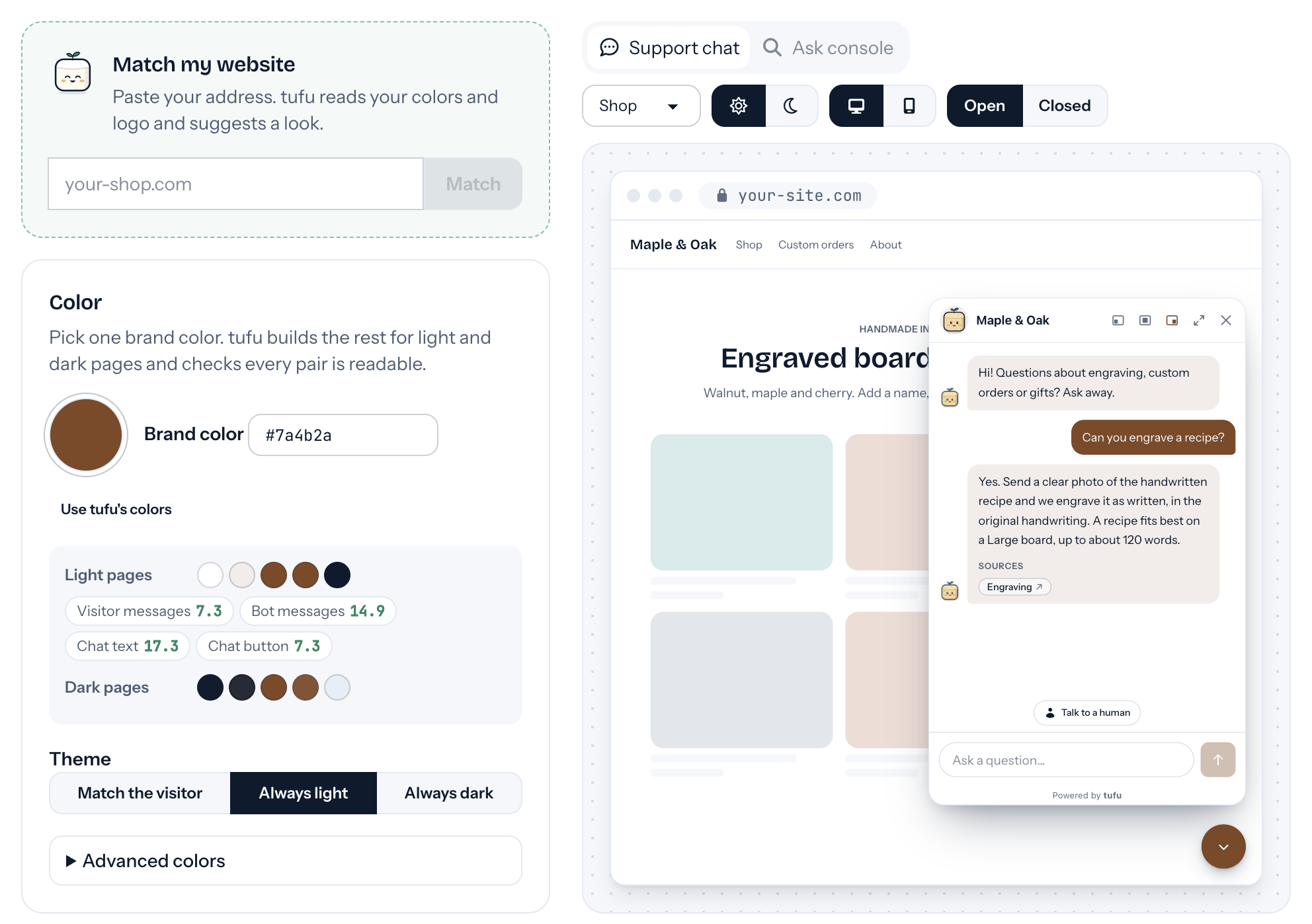 The tufu appearance studio: Match my website, one brand color with its contrast checks, and a live preview of the chat on a sample shop site.
