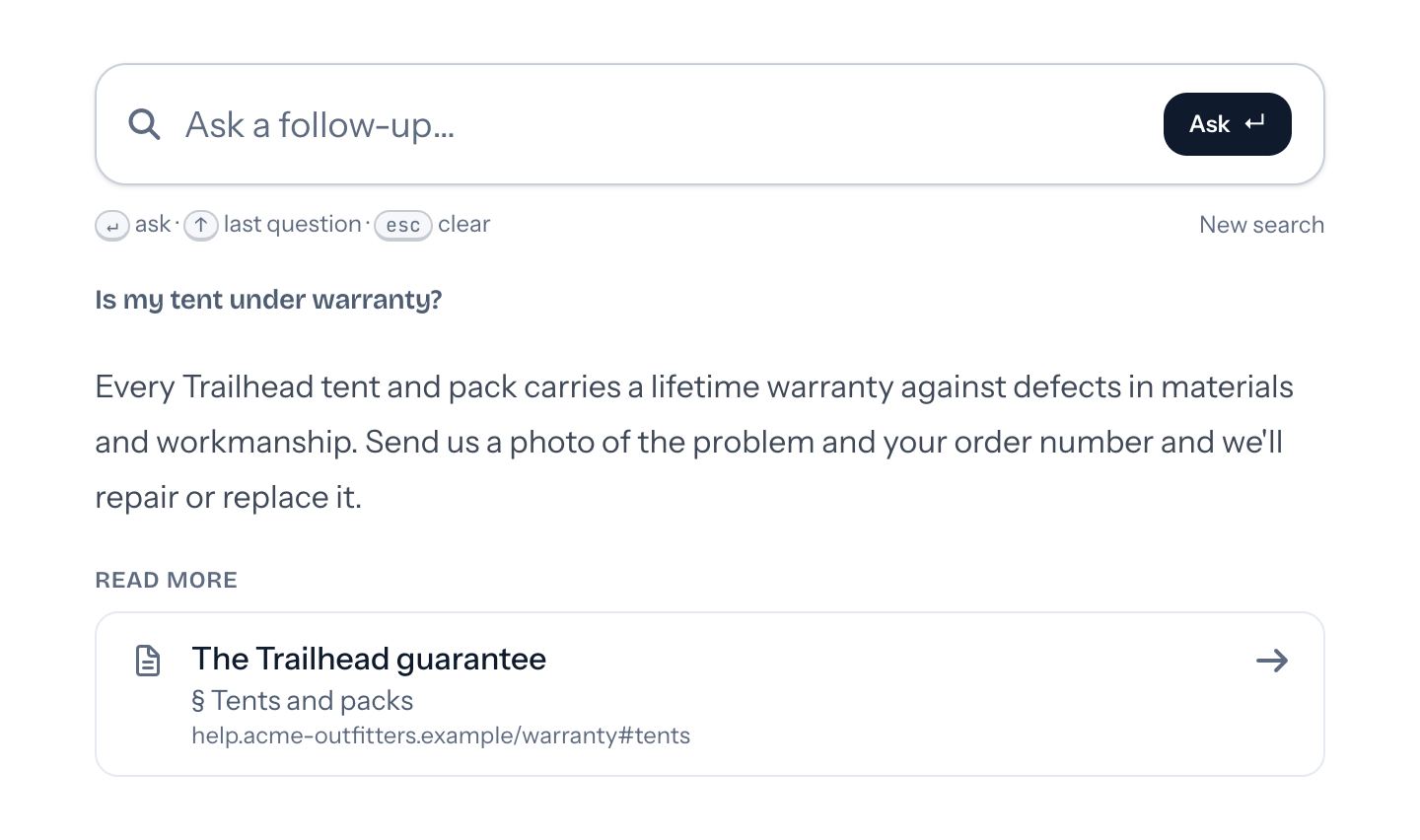 The tufu Ask console answering “Is my tent under warranty?” with a short answer and a Read more link to the page it came from.