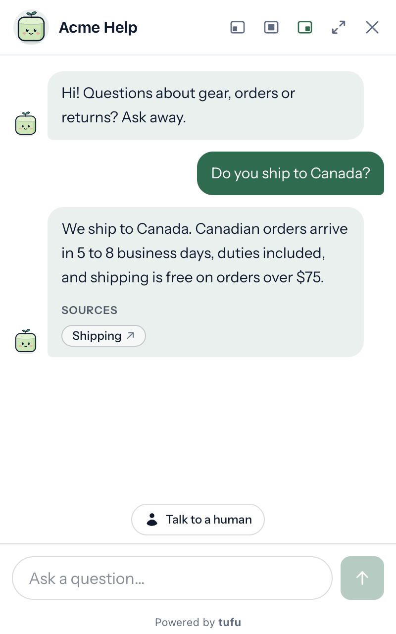The tufu chat widget answering “Do you ship to Canada?” from the shop's help center, with a link to its Shipping page and a Talk to a human button.