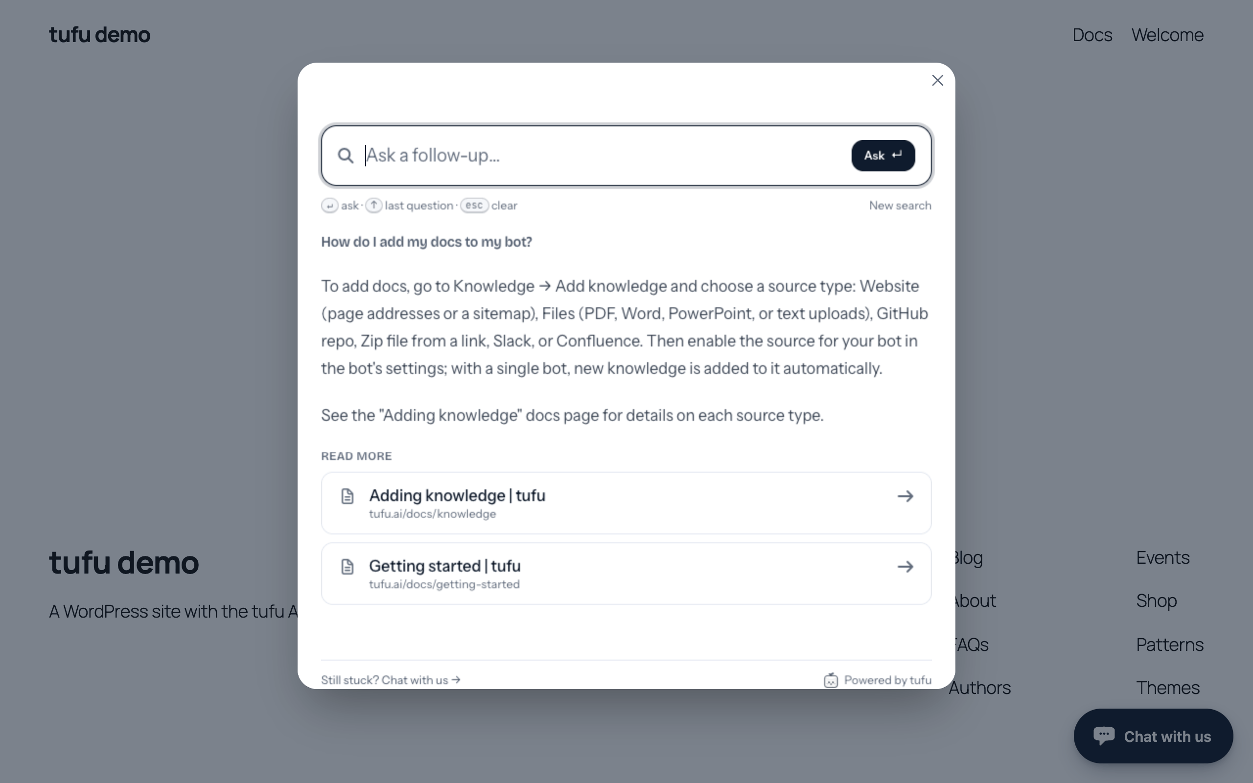 The tufu Ask console open over a WordPress page: the question “How do I add my docs to my bot?”, a short answer, and two docs pages to read more.