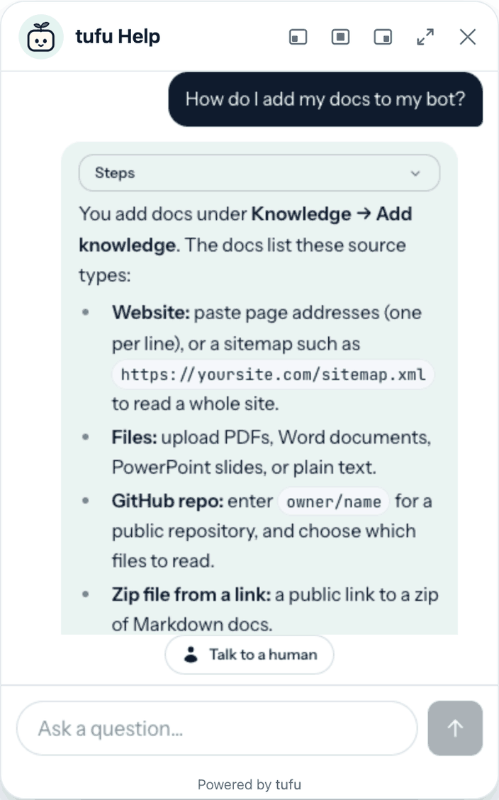 The tufu chat open on a WordPress site, answering “How do I add my docs to my bot?” with where to add them and each kind of source, and a Talk to a human button.